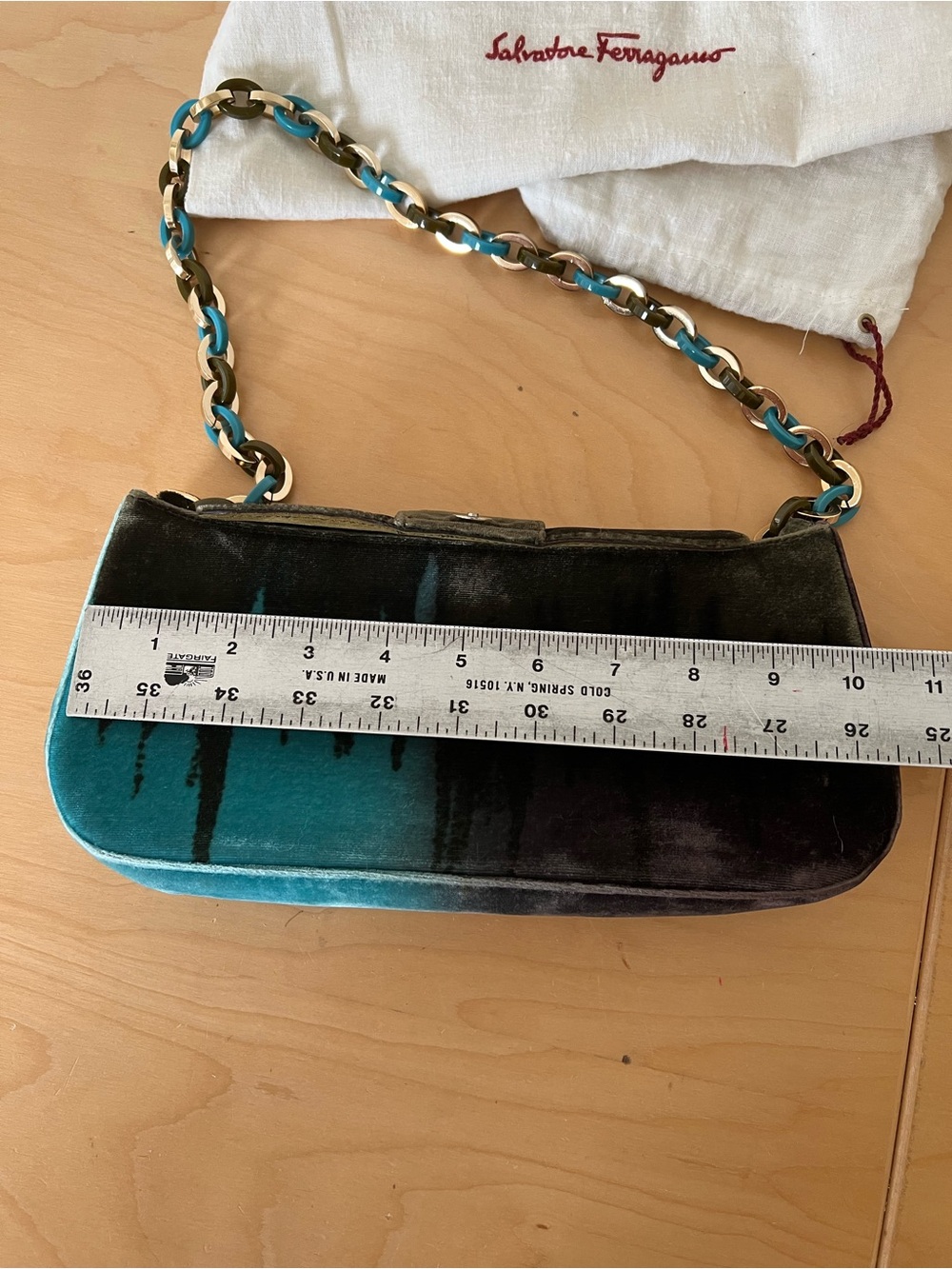 Salvatore Ferragamo Black and Teal Velvet Chain Shoulder Bag - Picture 5 of 8